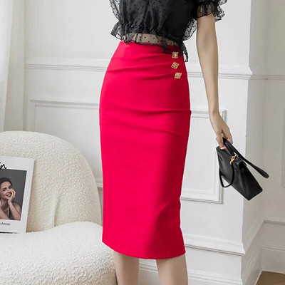 Uus kevadsuvi sügismood põlvedeni nööbiga pliiatsseelikud kõrge vöökohaga õhukesed naiste seelikud Elegantne lõhestatud midiseelik naistele