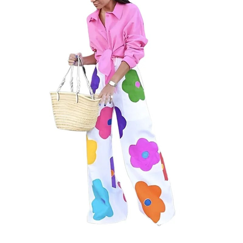 Lemongor korėjiečių mados įvairiaspalvės gėlėmis margintos plačios kelnės aukštu liemeniu, 2023 m. pavasario rudens laisvalaikio kelnės moterims