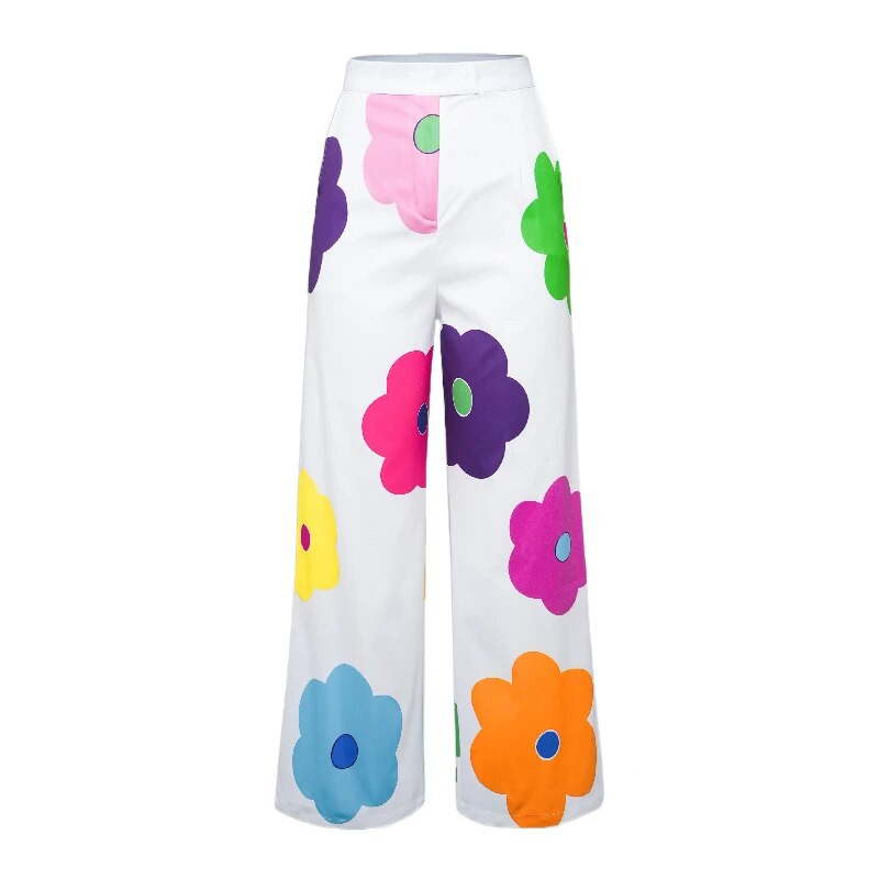 Lemongor korėjiečių mados įvairiaspalvės gėlėmis margintos plačios kelnės aukštu liemeniu, 2023 m. pavasario rudens laisvalaikio kelnės moterims