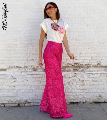 Παγιέτες Παντελόνι ίσιο Bling Παντελόνι Γυναικεία Νέα σε Μασίφ ροζ ψηλόμεσο παντελόνι Κοστήματα πάρτι Βραδινή μόδα Streetwear Μαύρο παντελόνι