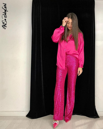 Παγιέτες Παντελόνι ίσιο Bling Παντελόνι Γυναικεία Νέα σε Μασίφ ροζ ψηλόμεσο παντελόνι Κοστήματα πάρτι Βραδινή μόδα Streetwear Μαύρο παντελόνι
