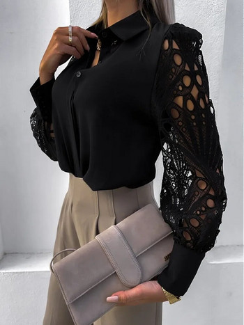 Λευκή σέξι δαντέλα με κούφια γυναικεία μπλούζα φθινόπωρο 2023 Άνοιξη μαύρο τοπ Vintage επάνω πουκάμισο με μακρυμάνικο διχτυωτό σχέδιο 19948
