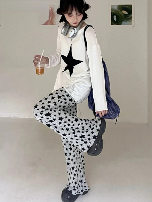 Y2k Aesthetic Grunge Stars Print Womans Pantalones Mujer Loose 2023 Harajuku Flare Pants Vintage Streetwear Kelnės aukštu juosmeniu