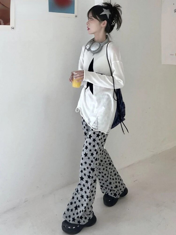 Y2k Aesthetic Grunge Stars Print Womans Pantalones Mujer Loose 2023 Harajuku Flare Pants Vintage Streetwear Kelnės aukštu juosmeniu