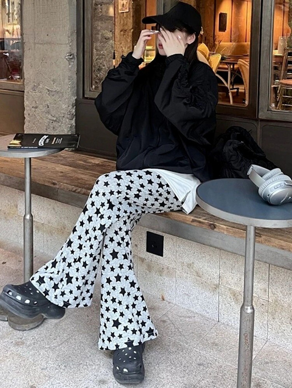 Y2k Aesthetic Grunge Stars Print Womans Pantalones Mujer Loose 2023 Harajuku Flare Pants Vintage Streetwear Kelnės aukštu juosmeniu