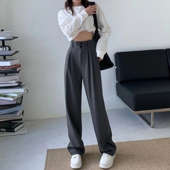 Черни панталони за жени Корейски панталони с широки крачоли с 2 копчета Винтидж улично облекло Висока мода Офис Дамско работно долнище