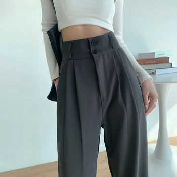 Черни панталони за жени Корейски панталони с широки крачоли с 2 копчета Винтидж улично облекло Висока мода Офис Дамско работно долнище