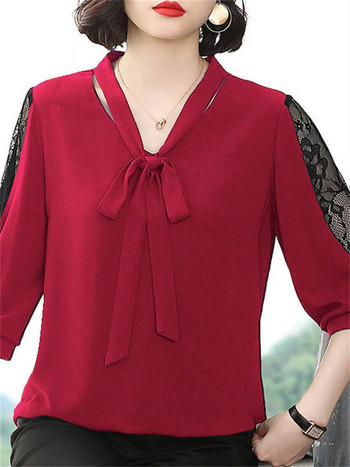 Дамски блузи в стил пролет-лято Топове Дамски ежедневни блузи с вратовръзка и яка с половин дантела с ръкави Свободни блузи Топове DF4275