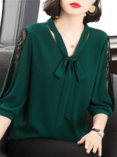 Women Spring Summer Style Blouses Tops Lady Casual Bow Tie Colloar Half Lace Sleeve Loose Blusas Tops DF4275