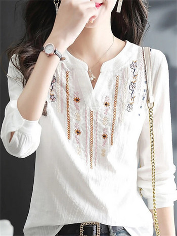 Γυναικείες ανοιξιάτικες φθινοπωρινές λευκές μπλούζες μπλούζες Lady casual κέντημα V-λαιμόκοψη μακρυμάνικο Vintage φαρδιά μπλούζα τοπ DF4272