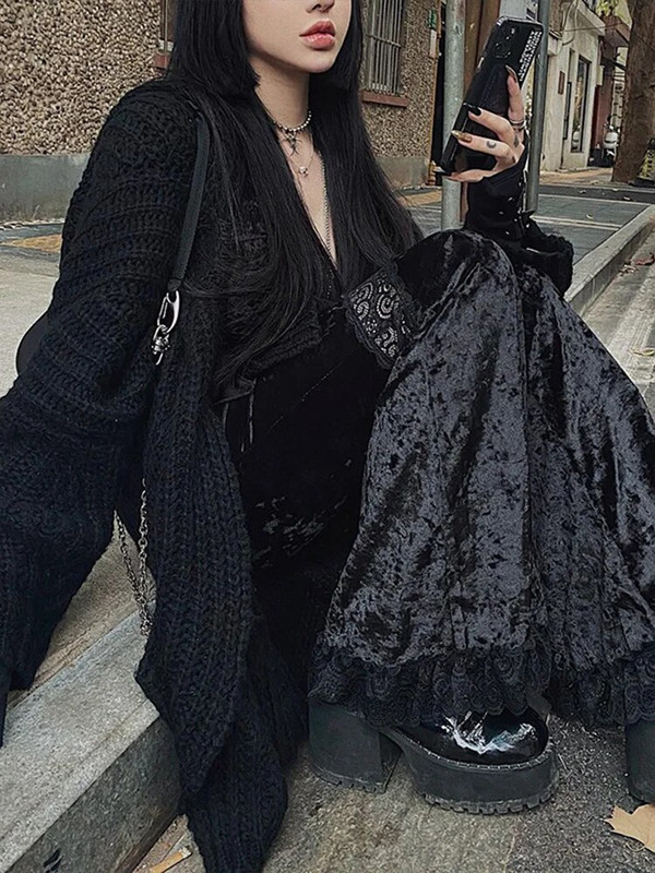 „InsGoth Mall“ „Goth“ aukštu juosmeniu platėjančios kelnės Estetinės seksualios, nėriniuotos kelnės, moteriškos vintažinės elegantiškos aksominės kalėdinės kelnės