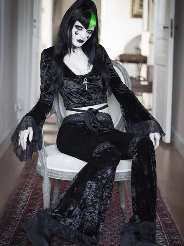 „InsGoth Mall“ „Goth“ aukštu juosmeniu platėjančios kelnės Estetinės seksualios, nėriniuotos kelnės, moteriškos vintažinės elegantiškos aksominės kalėdinės kelnės