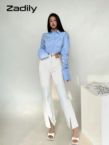 Zadily 2023 Άνοιξη Κορεάτικο μακρυμάνικο λευκό πουκάμισο Γυναικείο σέξι κουμπιά γυναικεία μπλούζα Crop Μπλούζα Street Νέα σε γυναικεία ρούχα