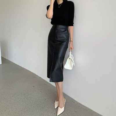 2023. aasta naiste PU-nahast Midi-seelik, sügistalvine naiste pakett, puusade esiosa lõhikuga pliiatsseelik, naiste tänavarõivad, allääred