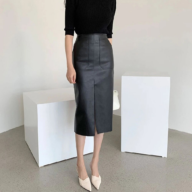 2023. aasta naiste PU-nahast Midi-seelik, sügistalvine naiste pakett, puusade esiosa lõhikuga pliiatsseelik, naiste tänavarõivad, allääred