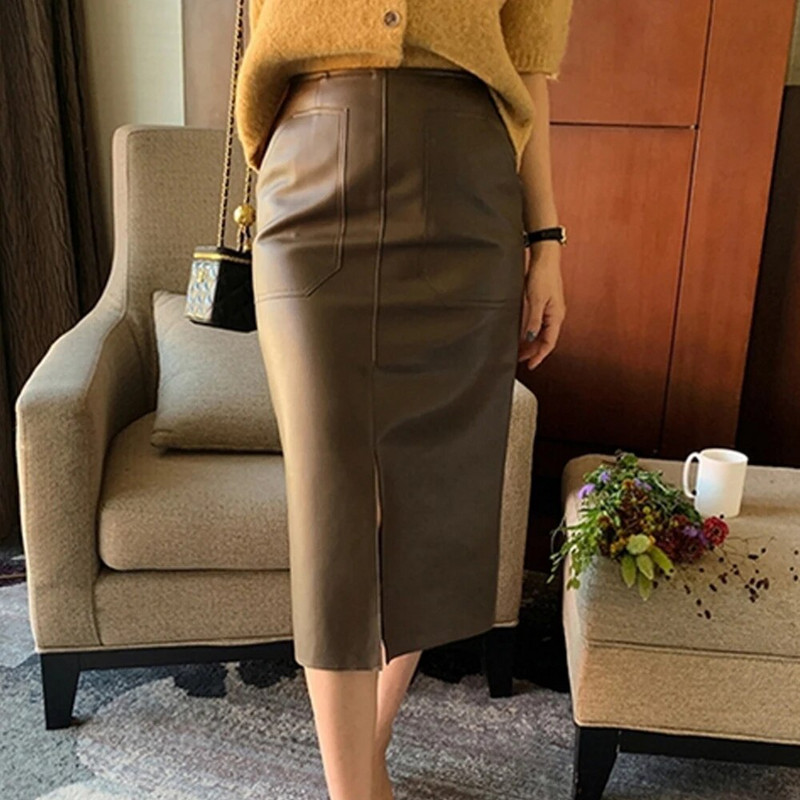2023. aasta naiste PU-nahast Midi-seelik, sügistalvine naiste pakett, puusade esiosa lõhikuga pliiatsseelik, naiste tänavarõivad, allääred