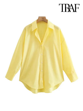 TRAF Дамски модни офис облекла Свободни поплинови плътни ризи Ретро ежедневни женски блузи с копчета с дълъг ръкав Blusas Chic Tops