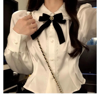 QWEEK Λευκά πουκάμισα Γυναικεία Kawaii Lace Μπλούζες Lolita Sweet Tunics Fairycore Peter Pan Coller Crop μακρυμάνικα μπλουζάκια Preppy Korean