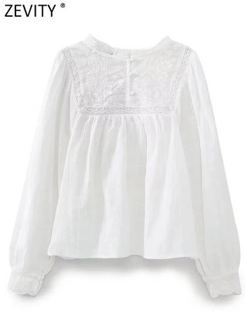 Zevity Дамска модна блуза с дантелени шевове с бродерия на цветя Femme Ежедневна риза с дълъг ръкав Blusas Chic Tops LS3833