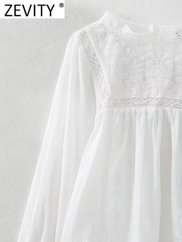 Zevity Moterų madinga gėlių siuvinėjimo nėrinių siuvimo balta palaidinė moteriška palaidinė ilgomis rankovėmis laisvalaikio marškinėliai Blusas Prašmatnūs viršutiniai drabužiai LS3833