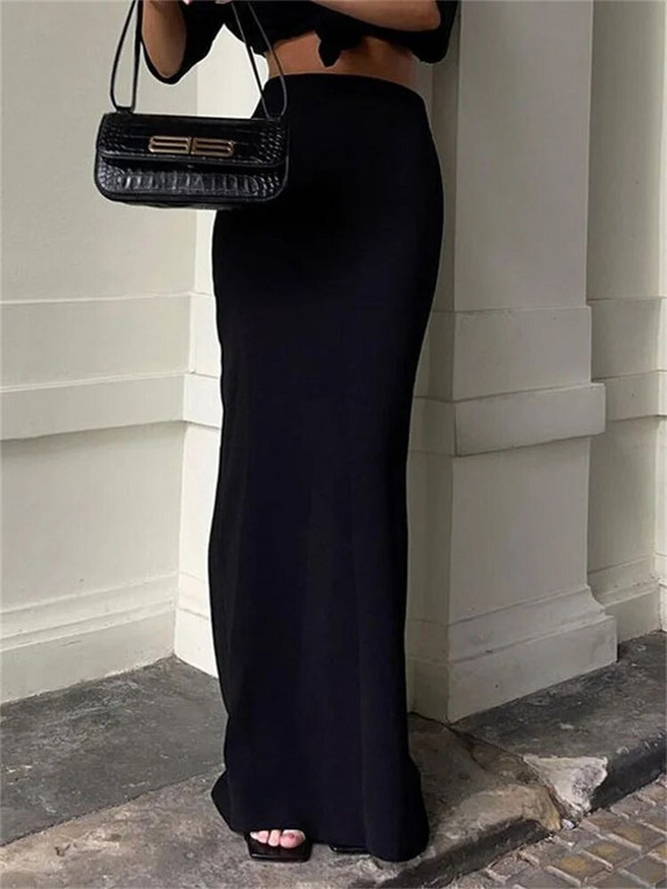 Moteriški juodi ilgi sijonai aukštu juosmeniu, ploni besiūliai elegantiška moteriška suknelė laisvalaikio 2023 m. vasaros mada, nauji moteriški didieji sijonai