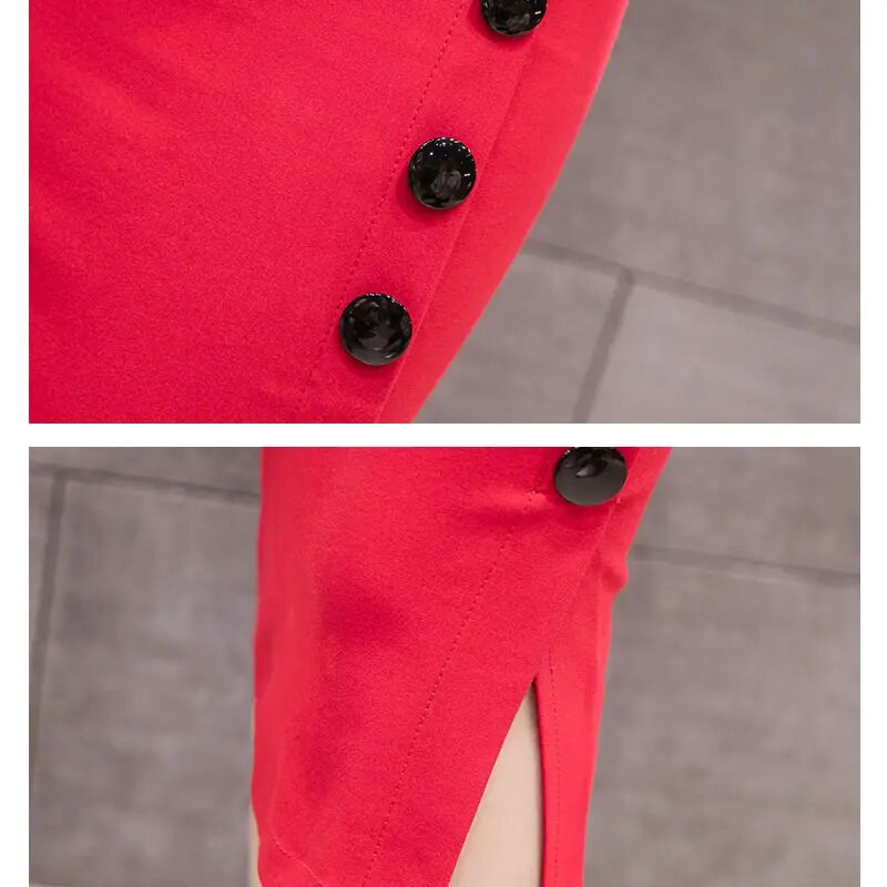 Ljetna modna ženska radna midi suknja 2023. OL seksi tanka pencil suknja s otvorenim prorezima i gumbima Elegantne uredske ženske suknje crveno crne