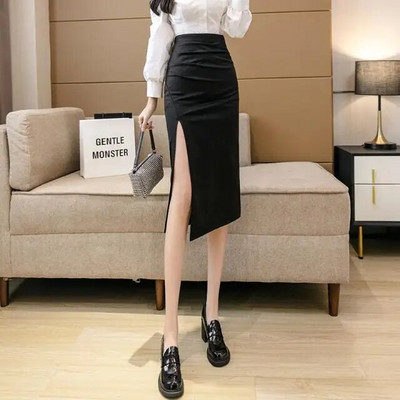 Sügisene kõrge vöökohaga õhuke plisseeritud seelik, naiste seksikas esiosa lõhestatud õhukese ümbrisega pikk seelik, naiste kevadine elegantne kontoris seelik naistele