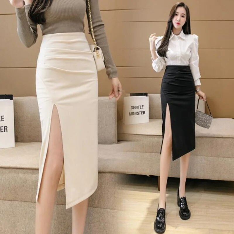 Sügisene kõrge vöökohaga õhuke plisseeritud seelik, naiste seksikas esiosa lõhestatud õhukese ümbrisega pikk seelik, naiste kevadine elegantne kontoris seelik naistele