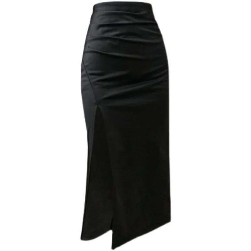 Sügisene kõrge vöökohaga õhuke plisseeritud seelik, naiste seksikas esiosa lõhestatud õhukese ümbrisega pikk seelik, naiste kevadine elegantne kontoris seelik naistele