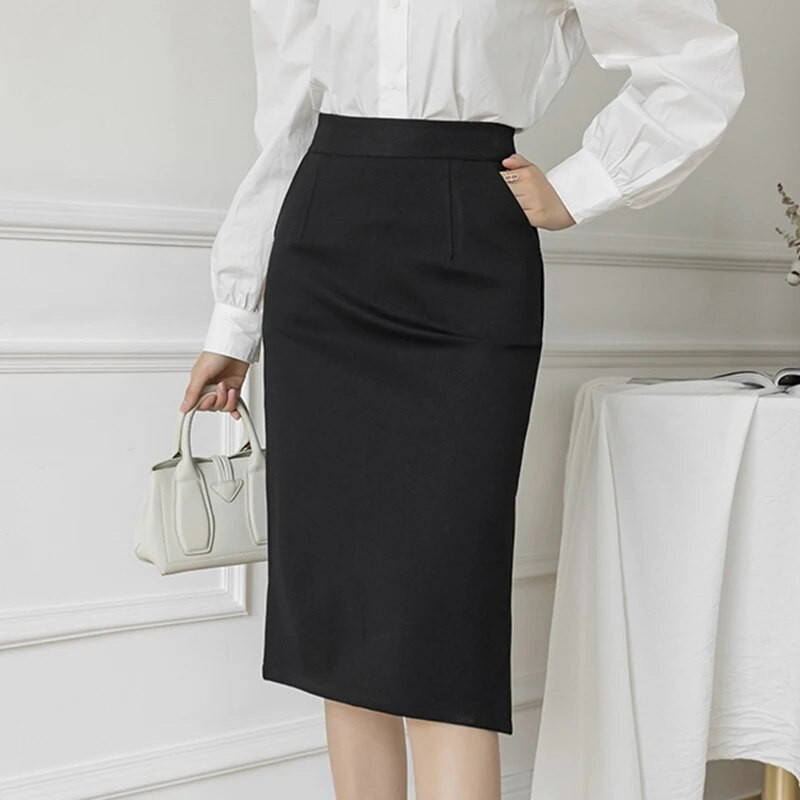 Moodne Korea kõrge vööga kontoriseelik, 2023. aasta naiste suvine Bodycon, pikad seelikud Elegantne seksikas taskuga Midi-pliiatsseelik