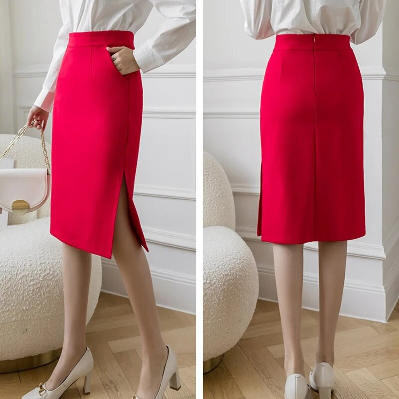 Moodne Korea kõrge vööga kontoriseelik, 2023. aasta naiste suvine Bodycon, pikad seelikud Elegantne seksikas taskuga Midi-pliiatsseelik