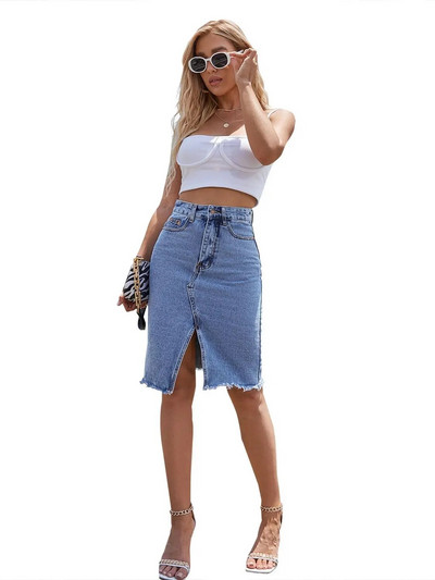 2023 m. naujas moteriškas, suskirstytas kūno spalvos džinsinis sijonas, mėlynas