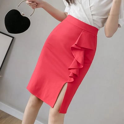 Kevadsuvi kõrge vöökohaga mustad seelikud naistele mood volangid Bodycon Seksikas seelik Elegantne Korea riided Kontori daami pliiatsseelik