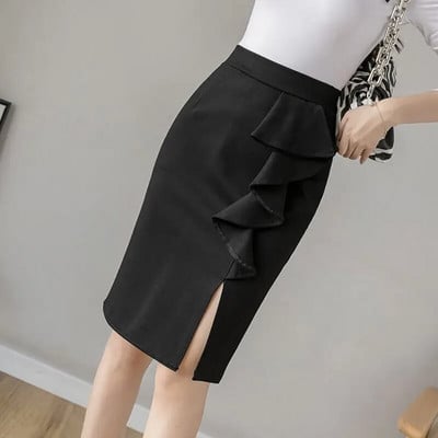 Kevadsuvi kõrge vöökohaga mustad seelikud naistele mood volangid Bodycon Seksikas seelik Elegantne Korea riided Kontori daami pliiatsseelik