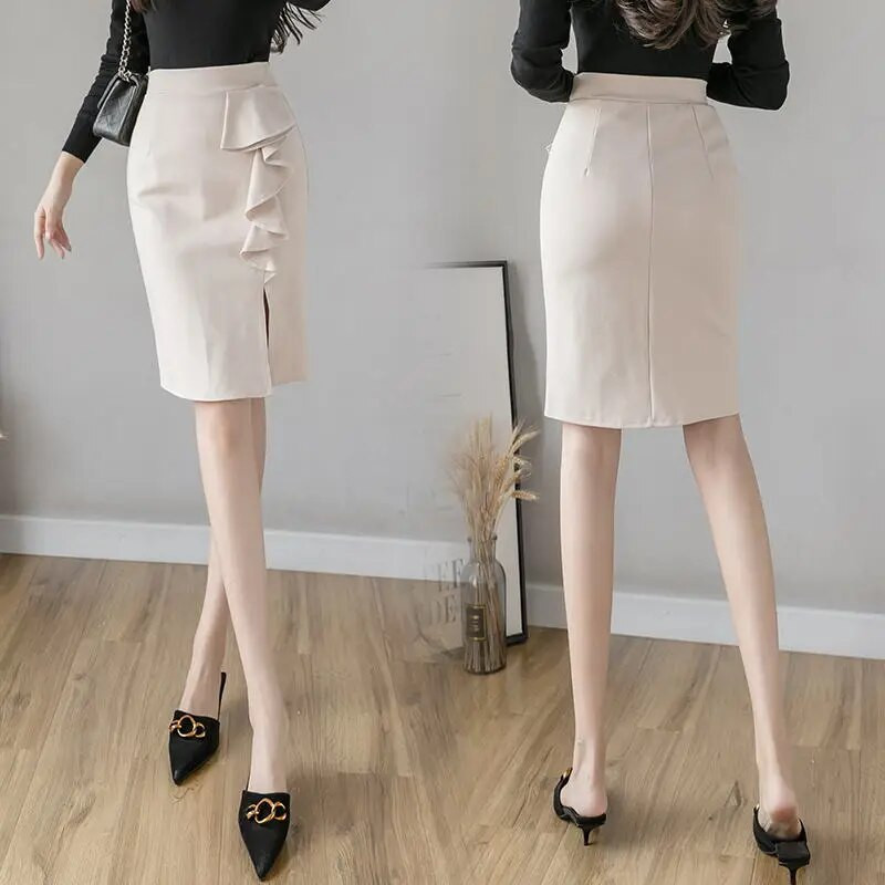 Kevadsuvi kõrge vöökohaga mustad seelikud naistele mood volangid Bodycon Seksikas seelik Elegantne Korea riided Kontori daami pliiatsseelik