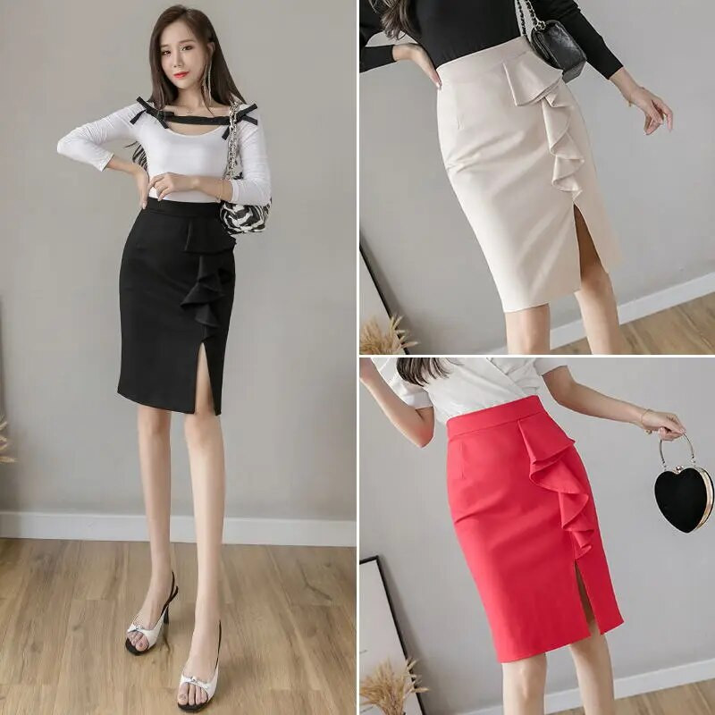 Kevadsuvi kõrge vöökohaga mustad seelikud naistele mood volangid Bodycon Seksikas seelik Elegantne Korea riided Kontori daami pliiatsseelik