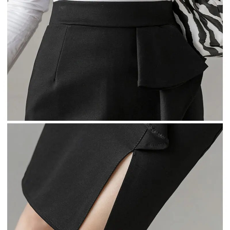 Kevadsuvi kõrge vöökohaga mustad seelikud naistele mood volangid Bodycon Seksikas seelik Elegantne Korea riided Kontori daami pliiatsseelik