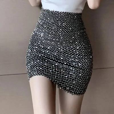 Vasaras modes Bling Club Svārki Sieviešu Melni Sequin Sexy Mini Svārki Elastic Bodycon Zīmulis Īsi Gurnu Aptīšanas Svārki Ballīte