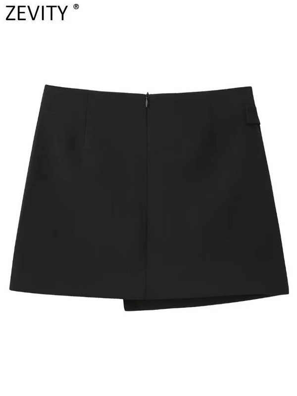 Zevity Women Safari stiliaus kišenės dizainas asimetriškas juodas mini sijonas Faldas Mujer moteriškas prašmatnus nugaros užtrauktukas Plonas Vestidos QUN4857
