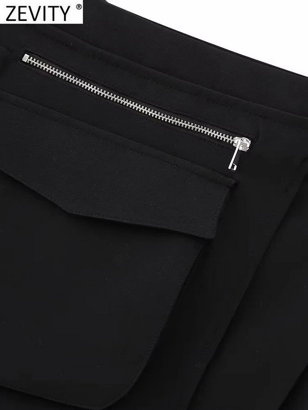 Zevity Women Safari stiliaus kišenės dizainas asimetriškas juodas mini sijonas Faldas Mujer moteriškas prašmatnus nugaros užtrauktukas Plonas Vestidos QUN4857