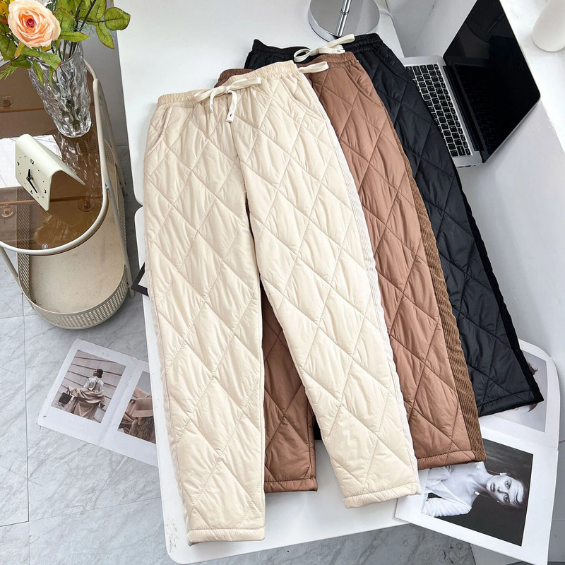Žiemos 100 kg laisvalaikio Argyle paminkštintos storos haremo kelnės didelio dydžio moteriškos šiltos dygsniuotos apačios
