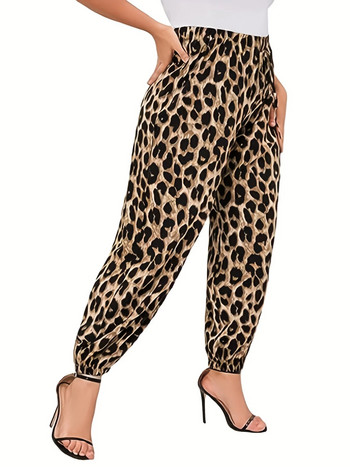 Нов летен голям размер панталон с анцуг в елегантен британски стил с леопардов принт и девет четвърти панталони