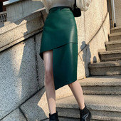 Elegantne moodne Pu-nahast ebaregulaarne talveseelik naistele 2023 kõrge vöökohaga, seksikas õhuke pliiats Saias Femme Green