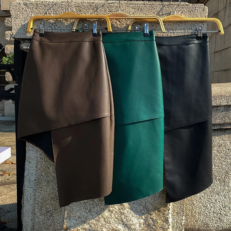 Elegantne moodne Pu-nahast ebaregulaarne talveseelik naistele 2023 kõrge vöökohaga, seksikas õhuke pliiats Saias Femme Green