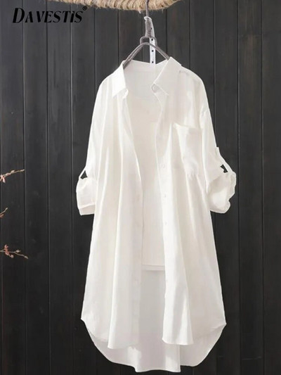 Бяла риза Дамска пролет лято 2023 г. Корейска мода Прости едноцветни дълги ризи Дамска свободна дишаща миди риза и блуза