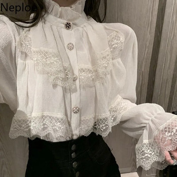Модни корейски бели блузи, дамски блузи, шифонени ризи с дълги ръкави и волани, дантелени блузи, реколта, елегантни женски топове