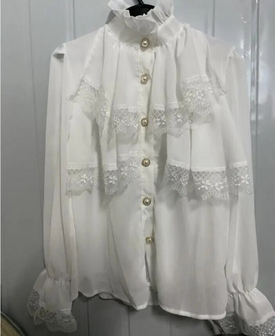 Madinga korėjietiška balta palaidinė, moteriška palaidinė, stovi ant kaklo Šifoniniai marškiniai ilgomis rankovėmis raukiniai Nėriniai Palaidinės Vintažinės elegantiškos moteriškos palaidinės