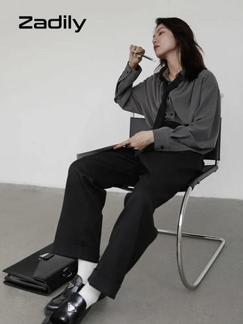 Zadily 2023 Пролетна минималистична риза с копчета с дълъг ръкав Дамска риза с плътна вратовръзка в корейски стил Oversize Ризи Блуза Свободни дрехи Топове