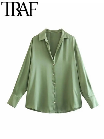 Ανοιξιάτικη TRAF New Fashion Button Up Σατέν Μπλούζα Μπλούζα Γυναικεία Μονόχρωμη Vintage Μπλούζα Γυναικεία Μακρυμάνικη Μπλούζα Y2K Loose Street πουκάμισα