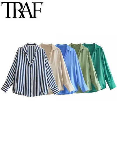 TRAF Пролетна нова модна блуза със сатенена риза с копчета Дамска плътна ретро блуза Дамска топ с дълъг ръкав Y2K Свободни улични ризи